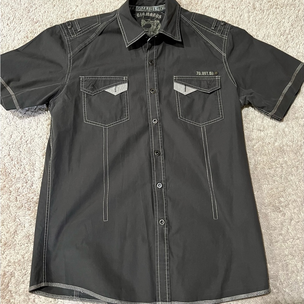7 Diamonds Large Brown Short Sleeve Button Down Cowboy Shirt